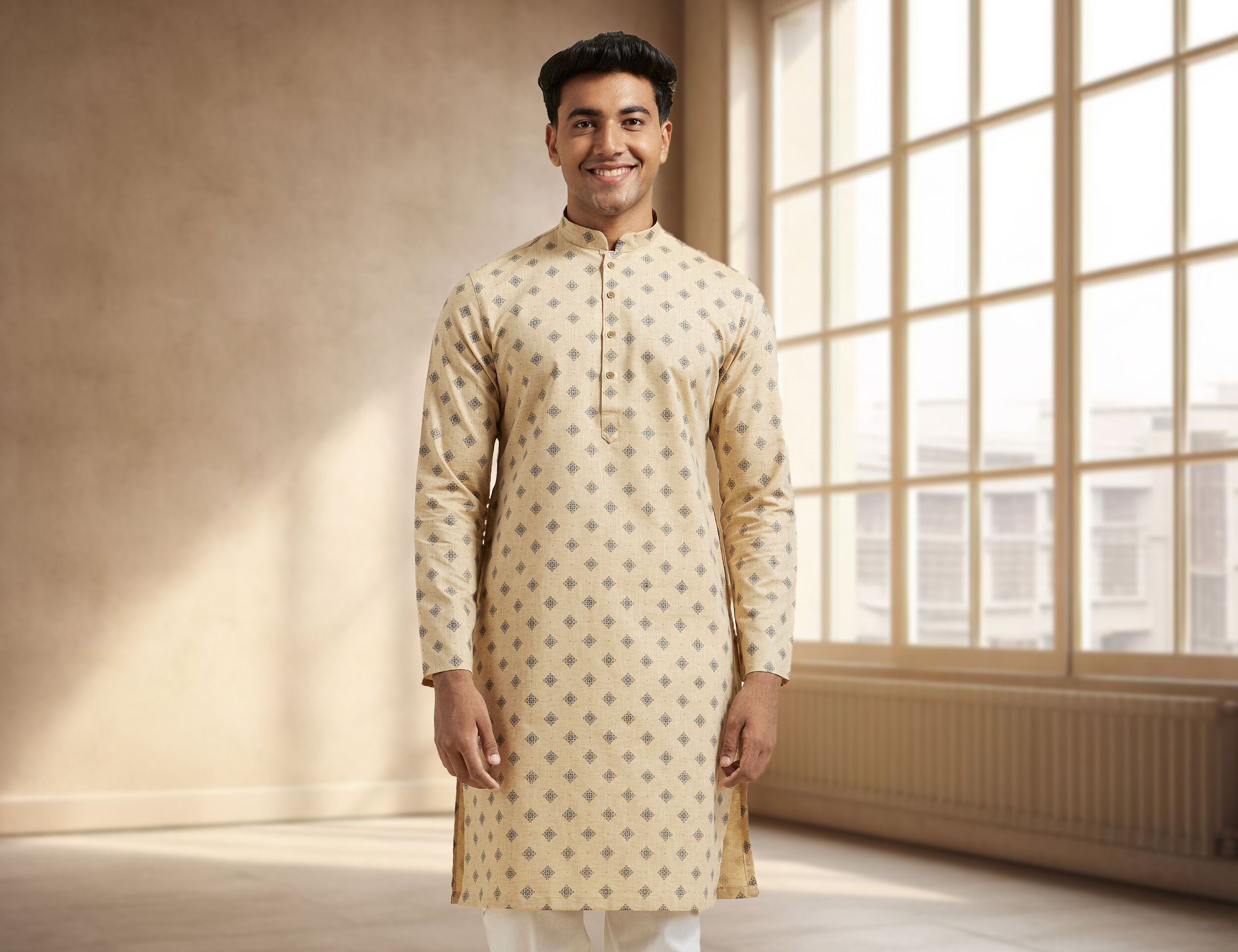 Smiling man wearing a beige embroidered kurta with white churidar, standing in a sunlit room—ideal traditional attire for weddings or festive events.